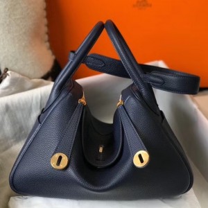 Hermes Dark Blue Clemence Lindy 30cm Bag with GHW