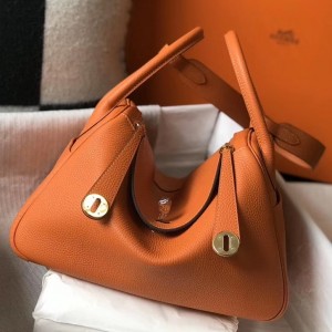 Hermes Orange Clemence Lindy 30cm Bag with GHW