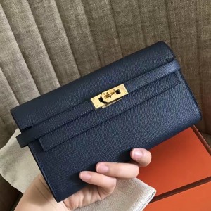 Hermes Kelly Classic Long Wallet In Navy Epsom Leather