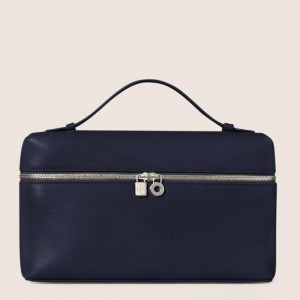 Loro Piana Extra Pocket Pouch L19 in Dark Blue Grained Leather