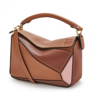 Loewe Mini Puzzle Bag In Brown/Camel/Pink Calfskin