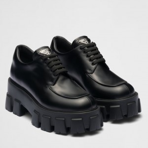 Prada Monolith Lace-up Shoes in Black Brushed Leather 