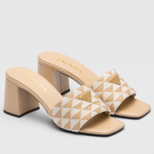 Prada Heeled Slide Sandals 65mm in Beige and White Fabric