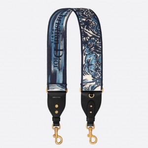 Dior Shoulder Strap with Ring In Blue Dior Palms Embroidery