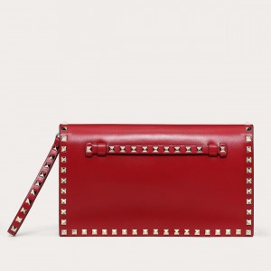 Valentino Rockstud Medium Clutch In Red Calfskin 