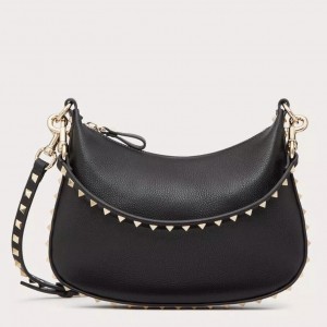 Valentino Rockstud Small Hobo Bag in Black Grainy Calfskin