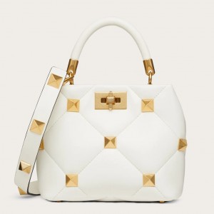 Valentino Small Roman Stud Top Handle Bag In White Nappa