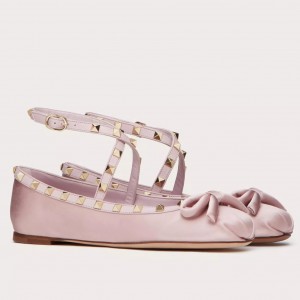 Valentino Garavani Rockstud Ballerina In Beige Satin