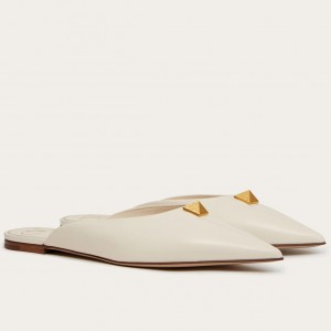 Valentino Roman Stud Flat Mules In White Calfskin