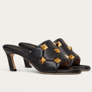 Valentino Roman Stud Slide Sandals 65mm In Black Lambskin