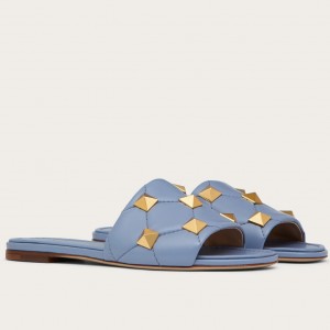 Valentino Roman Stud Flat Slides In Blue Quilted Nappa