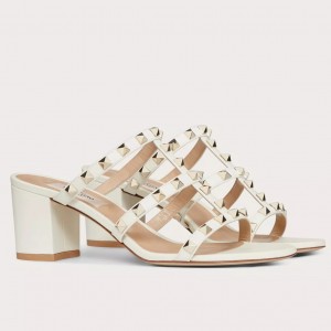 Valentino Rockstud Slide Sandals 60mm In White Calfskin