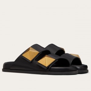 Valentino One Stud Slide Sandals In Black Calfskin