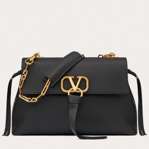 Valentino Medium VRing Chain Bag In Black Grainy Calfskin