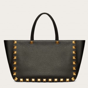 Valentino Roman Stud Tote Bag In Black Grainy Calfskin