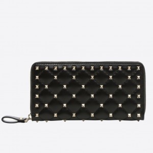 Valentino Rockstud Spike Zip Wallet In Noir Lambskin