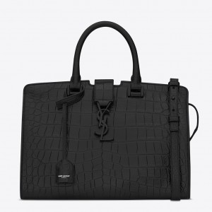 Saint Laurent Small Cabas YSL Bag In Black Crocodile Embossed Leather