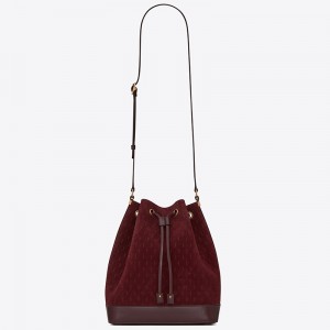 Saint Laurent Monogram All Over Bucket Bag In Bordeaux Suede