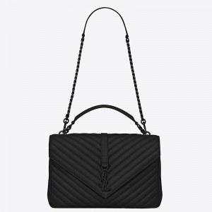 Saint Laurent College Large All Black Matelasse Leather Bag