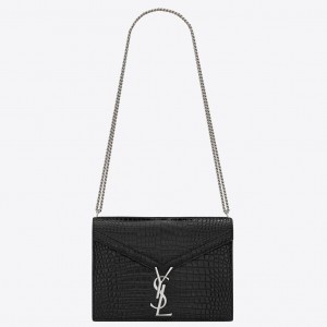 Saint Laurent Cassandra Clasp Bag In Black Croc-Embossed Leather