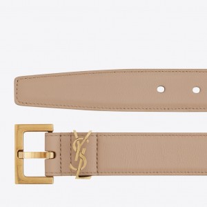 Saint Laurent Cassandre Square Buckle Belt 30MM In Beige Leather