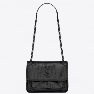 Saint Laurent Niki Baby Bag In Black Crocodile Embossed Leather