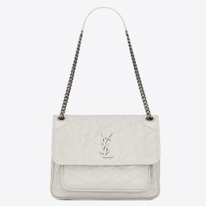 Saint Laurent Large Niki Chain Bag In White Crinkled Leather