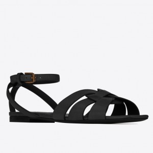 Saint Laurent Tribute Flat Sandals In Black Calfskin