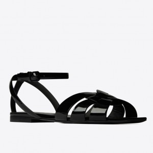 Saint Laurent Tribute Flat Sandals In Black Patent Leather