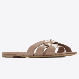 Saint Laurent Tribute Slides In Dark Beige Patent Leather