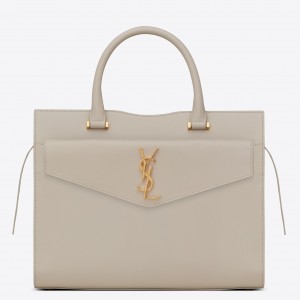 Saint Laurent Uptown Medium Tote In Blanc Calfskin