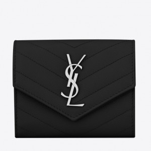 Saint Laurent Compact Tri Fold Wallet In Noir Leather