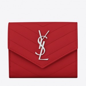 Saint Laurent Compact Tri Fold Wallet In Red Leather