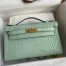 Hermes Kelly Pochette Handmade Bag In Vert D'eau Matte Alligator Leather 